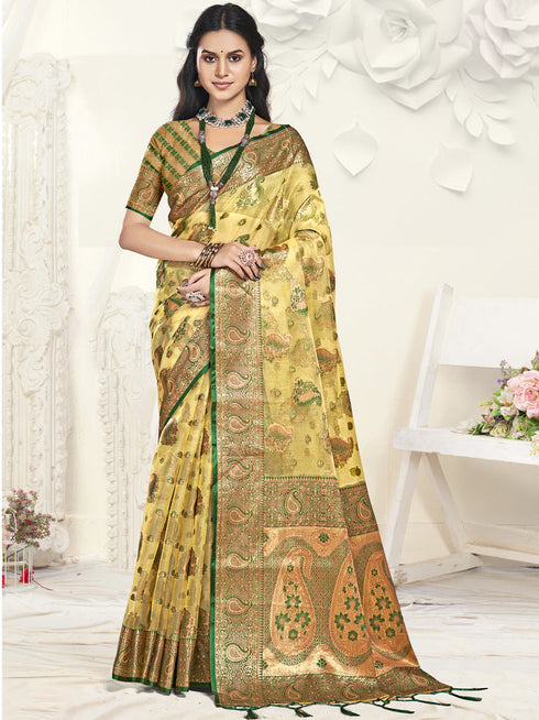 Deeva Sarees Yellow Organza Saree